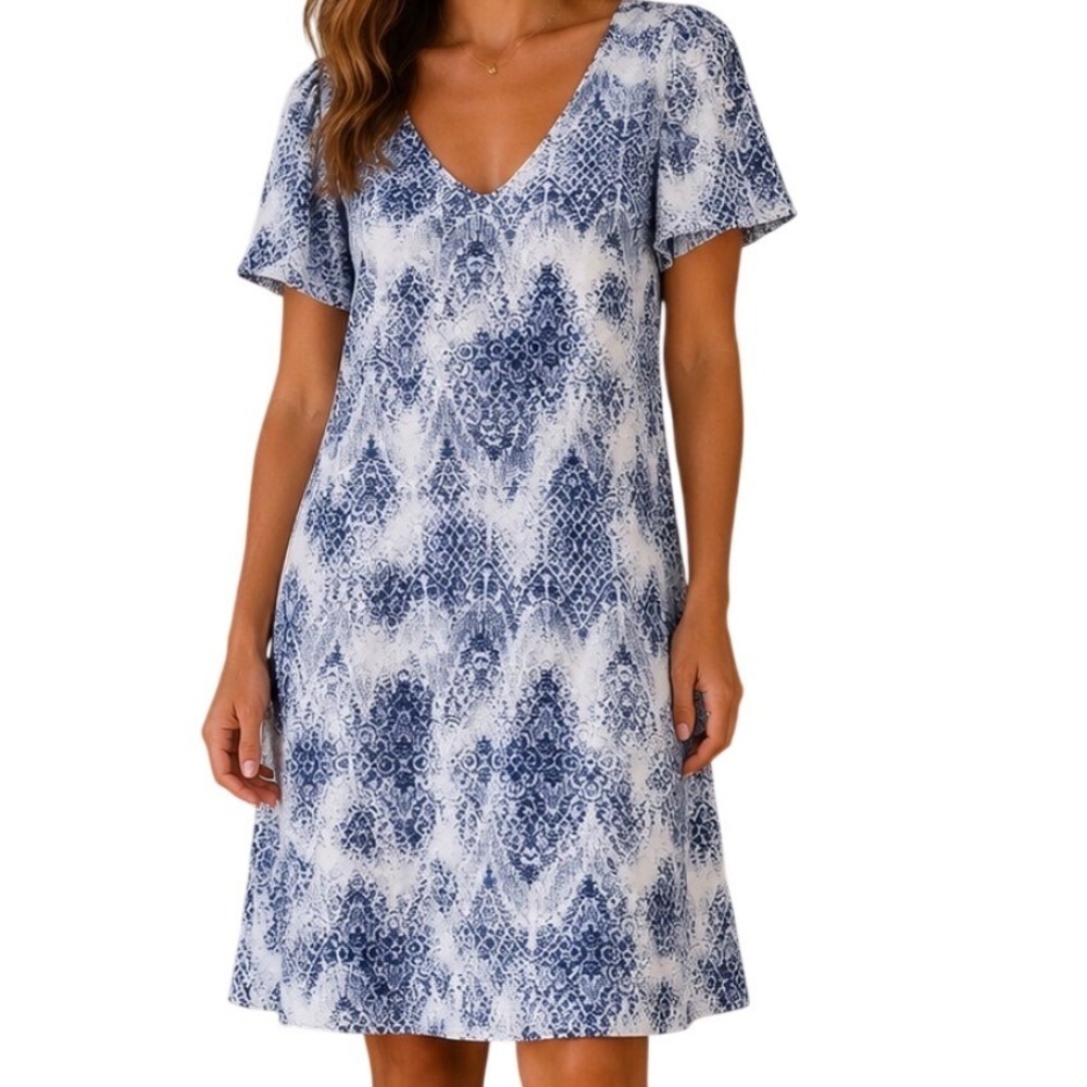 Blue & White Shift Dress Womens Medium  V-Neck Knee Length Flowy Short Sleeves